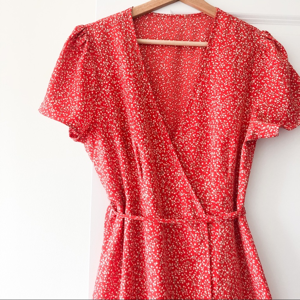 Ditsy floral red wrap midi dress